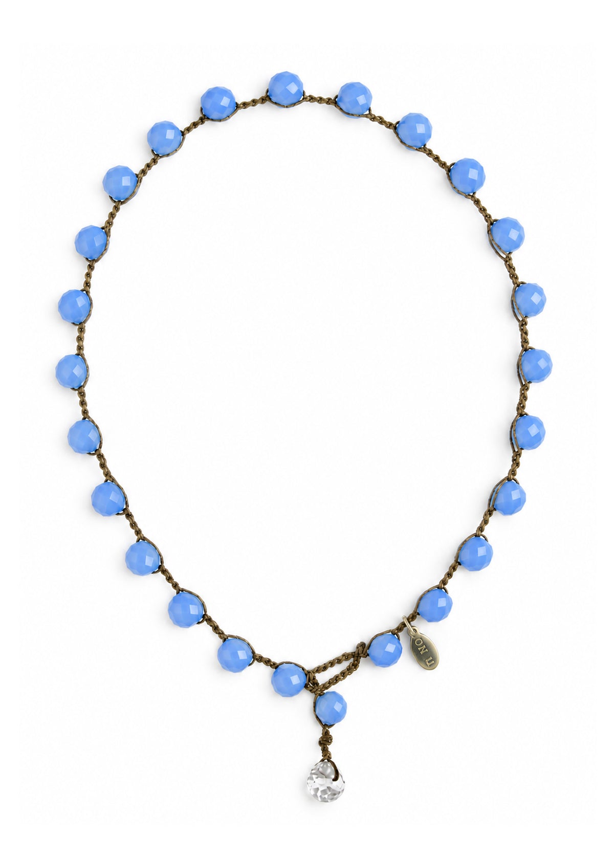A beaded necklace with cornflower blue faceted beads hand-crocheted onto a brown cord, featuring an authentic "on u" tag and a clear crystal pendant. Designed and created by On U Jewelry, Richmond, Virginia.