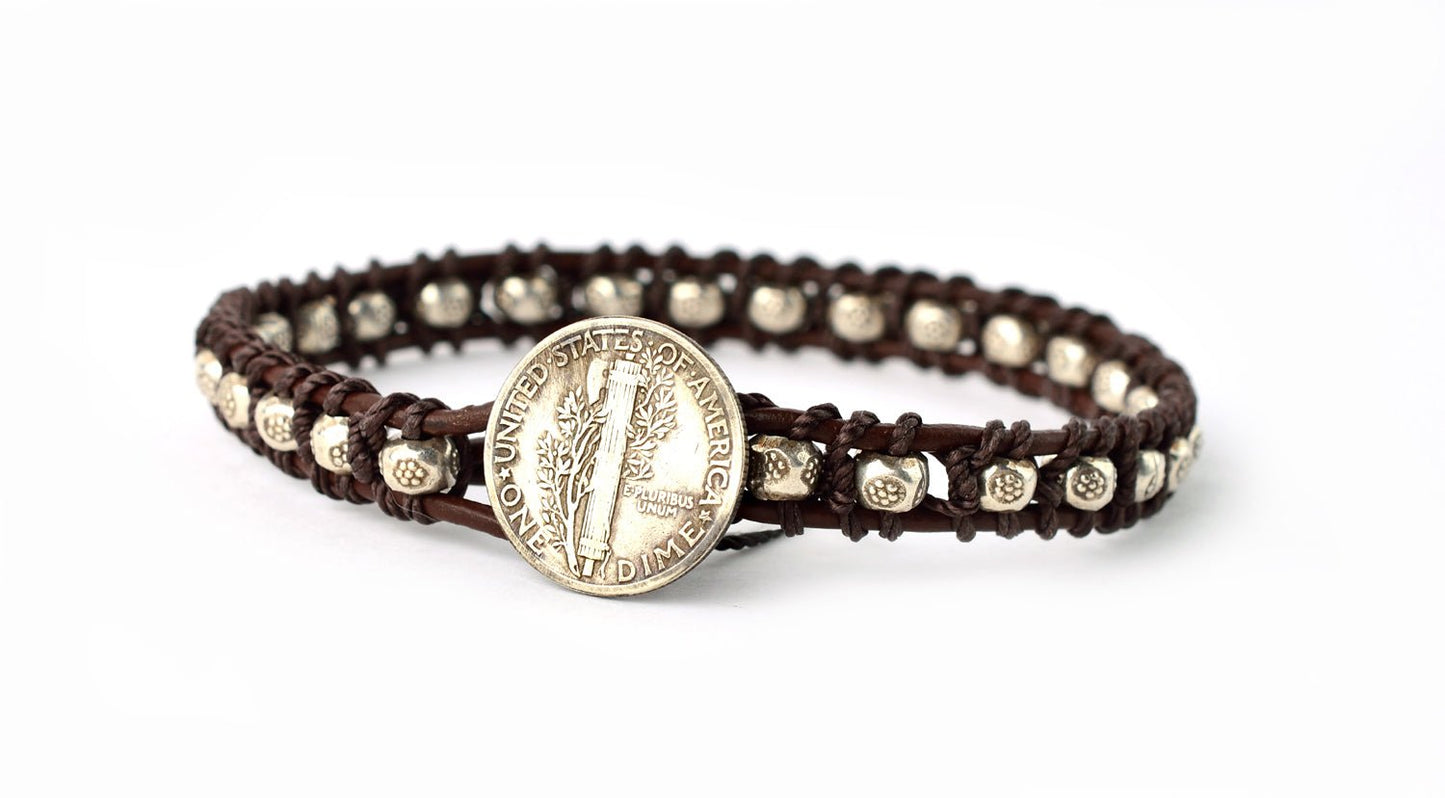 Men's hand-woven bracelet with sterling silver featuring authentic Mercury Dime by On U Jewelry.