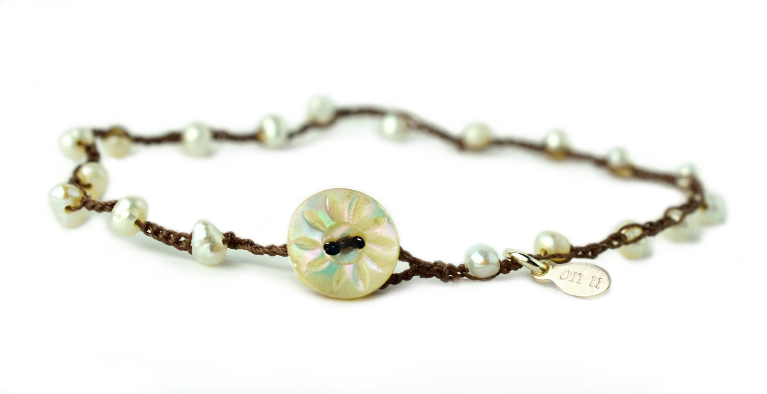 Sea Glass Bracelet, Crocheted Sea Glass Bracelet, Pearls, Cultured