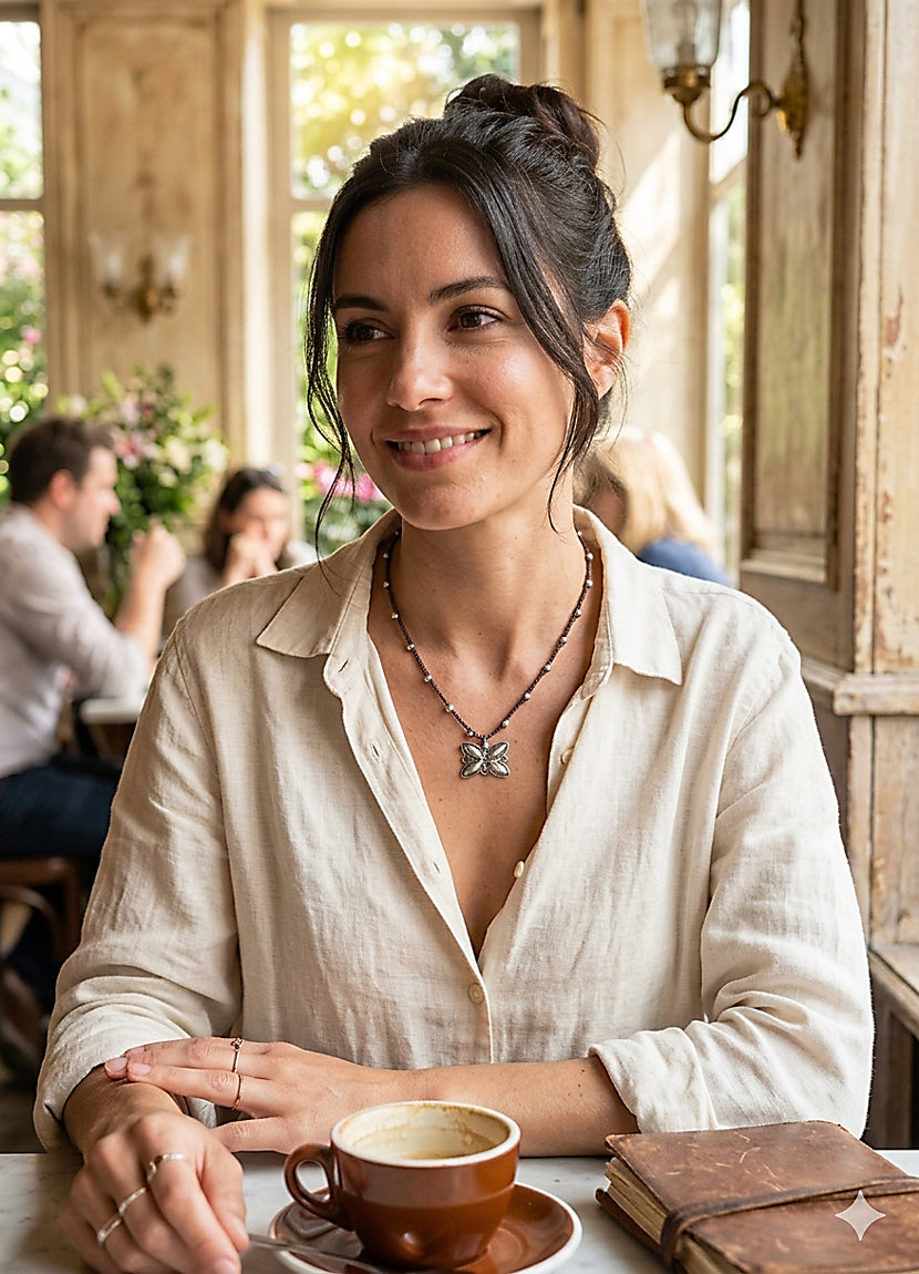 A bohemian-style necklace featuring a brown hand-crocheted cord adorned with small silver beads, and a sterling silver vintage Navajo Silver butterfly button by On U Jewelry, Richmond, VA.