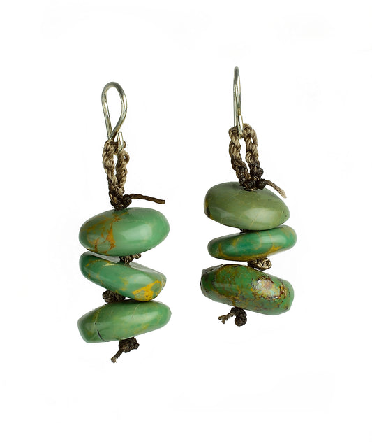 Vintage Campo Frio turquoise drop earrings with three hand-knotted stones on brown crocheted cord and sterling silver hooks.