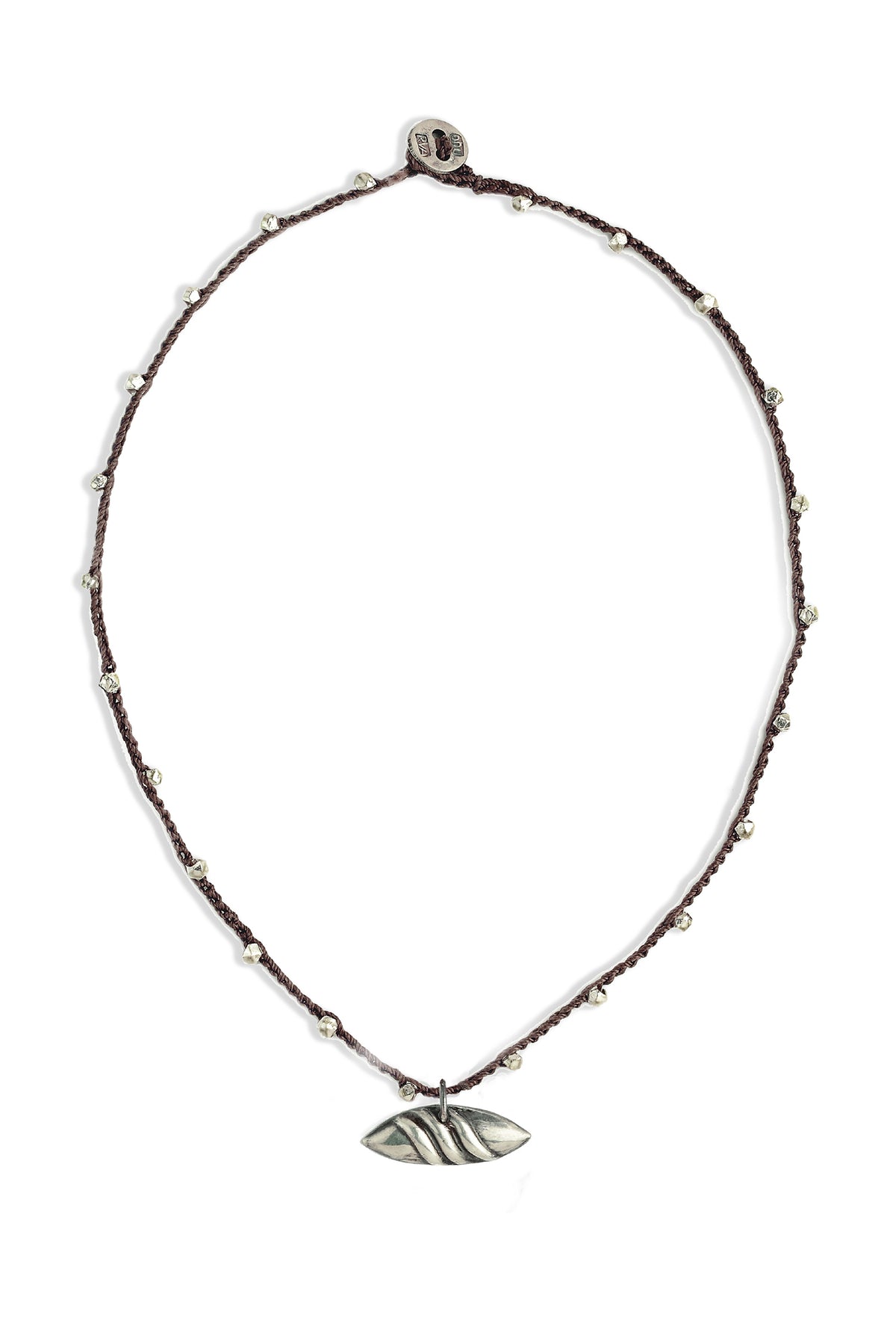 Vintage Navajo silver fluted shell button pendant on a hand-crocheted cord with sterling silver beads by On U Jewelry.