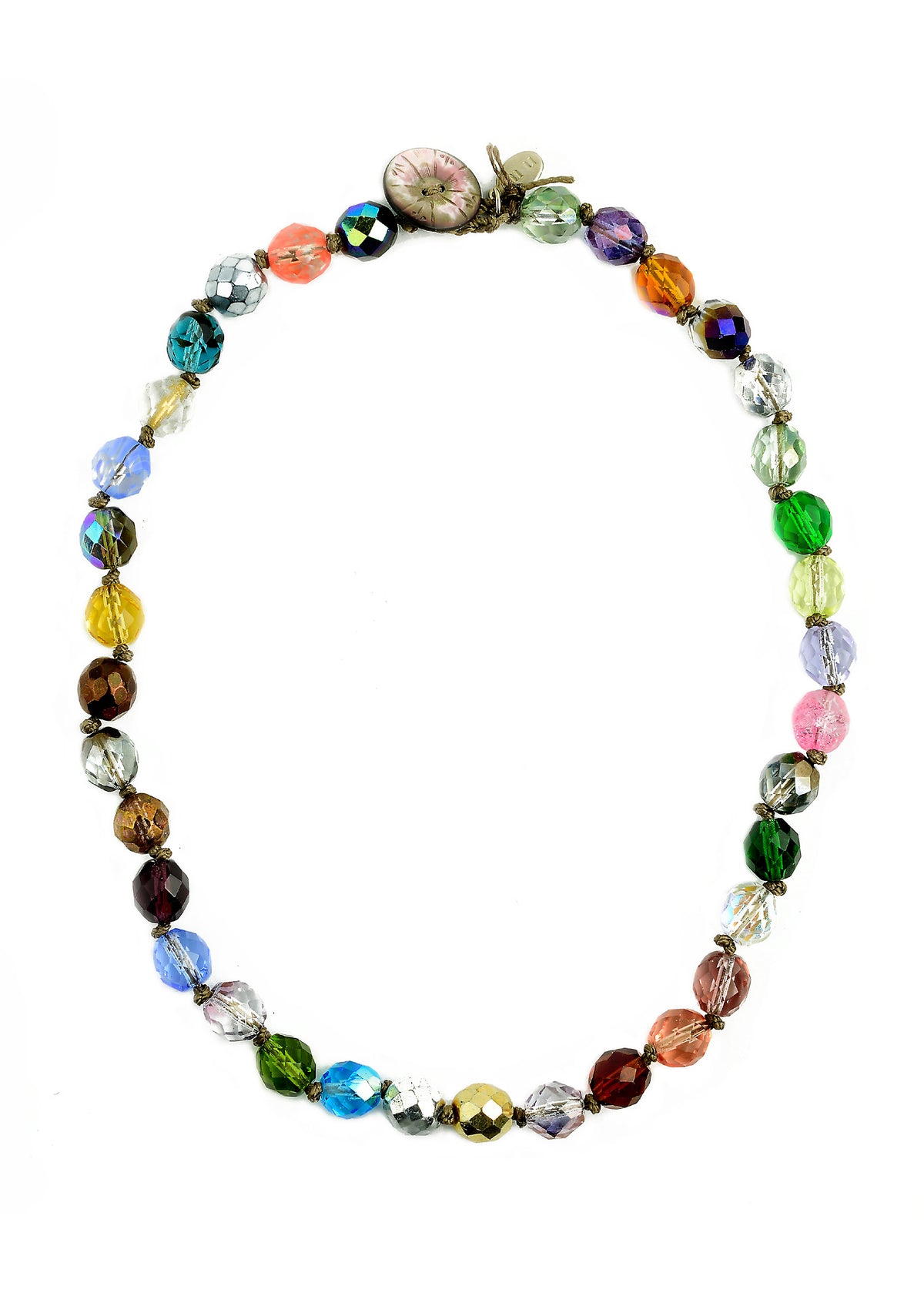 Rock Candy! multicolor faceted bead necklace with knotted cord and button clasp by On U Jewelry.
