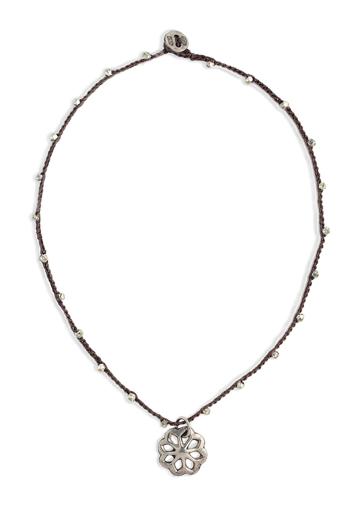 A bohemian-style necklace featuring a brown hand-crocheted cord adorned with small silver beads, and a sterling silver antique rosette button by On U Jewelry, Richmond, VA.